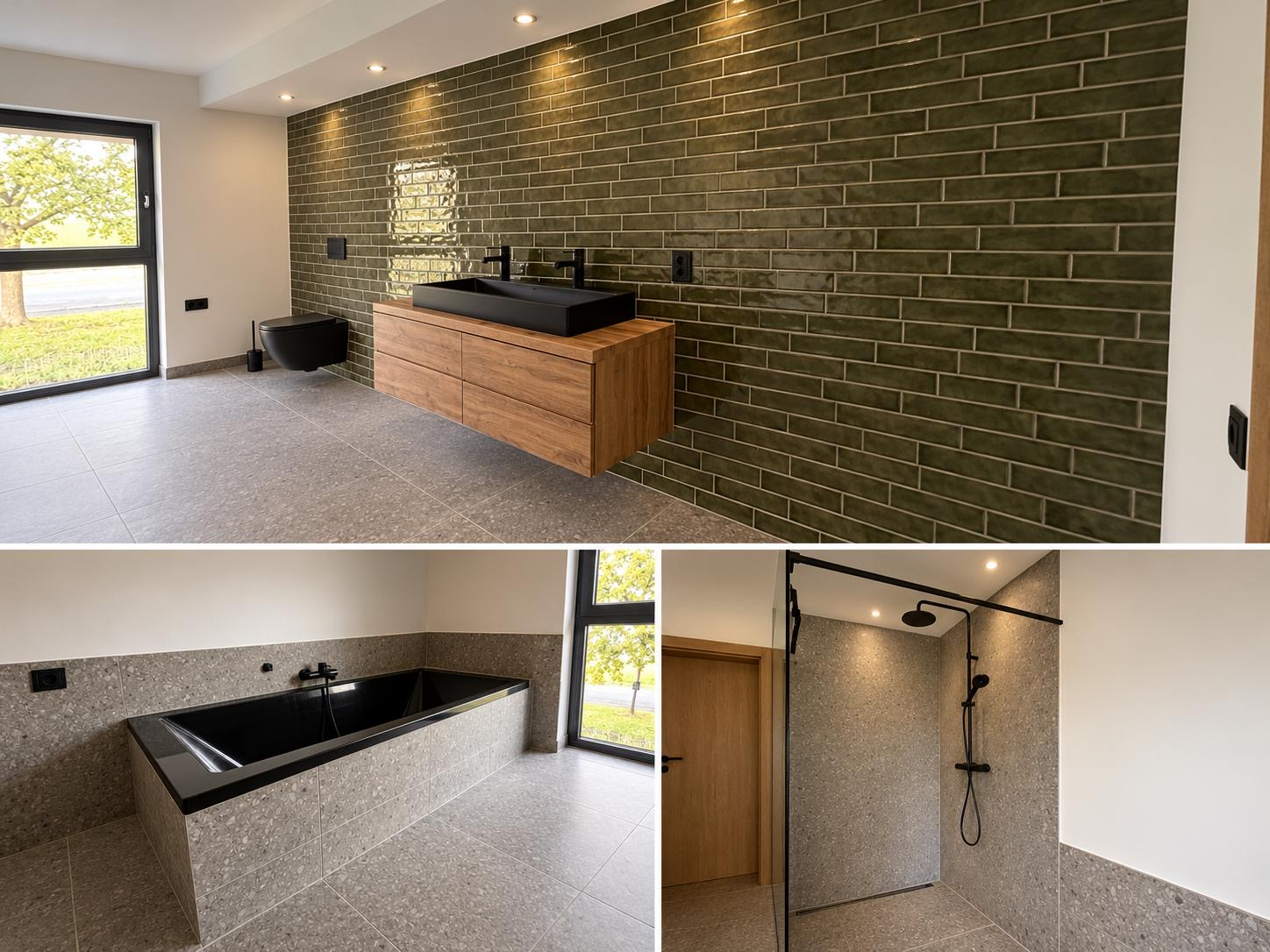 Badezimmer mit grüner Fliesenwand, Aufnahme 1